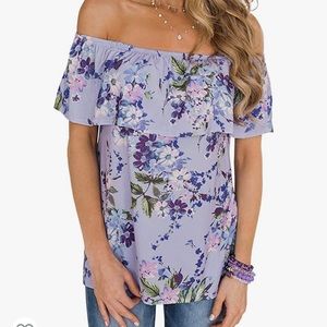 Elegant Purple Floral Off The Shoulder Ruffle Blouse Medium